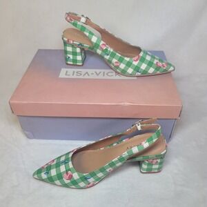 Lisa Vicky Shoes Green Cherry Slingback Heel 6.5M Gingham Buckle Point Toe NIB